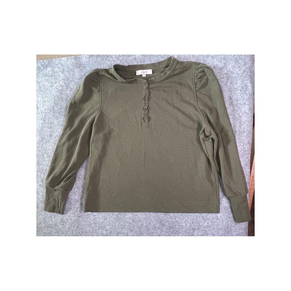 Loft‎ Womens XXL Olive Green Henley Puff Sleeve Long Sleeve Sweatshirt Top